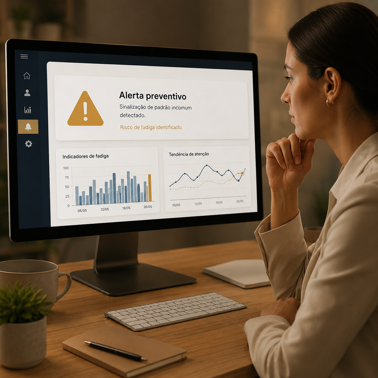 Profissional acompanhando alerta preventivo em painel digital