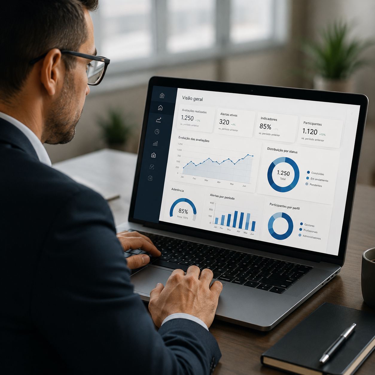 Profissional analisando painel gerencial com indicadores e gráficos